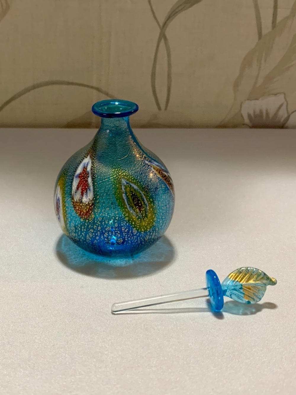 4.5" by 2.5" Murano Millefiori Blue & Gold Perfume Bottle w Leaf Dauber - Italy